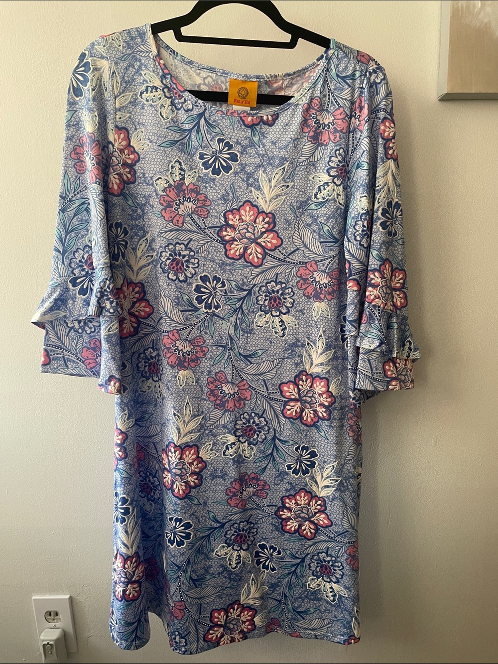 Ruby Rd. Blue Floral Long Sleeve Shift Dress with Pink Accents